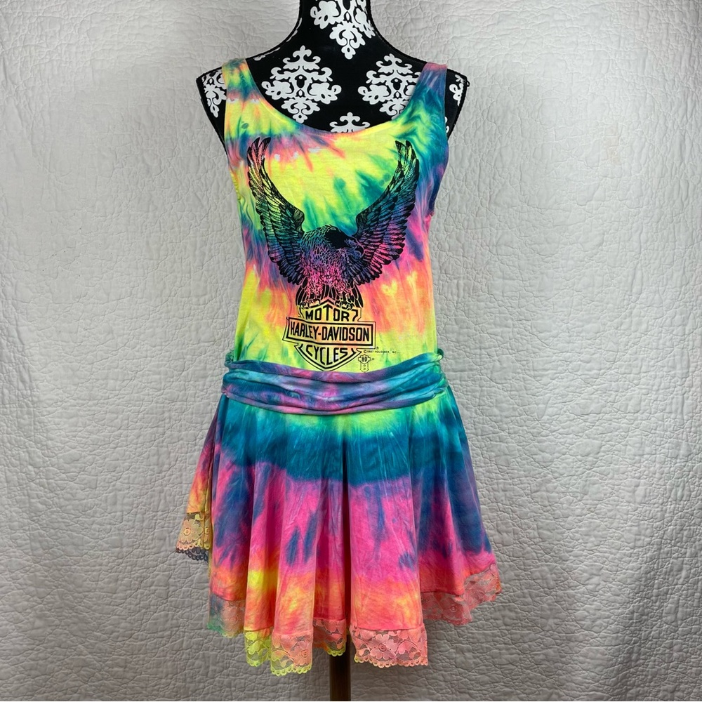 🔥Harley Davidson 1987 Holoubek Tie Dye Mini Flare Dress One Star On The Beach